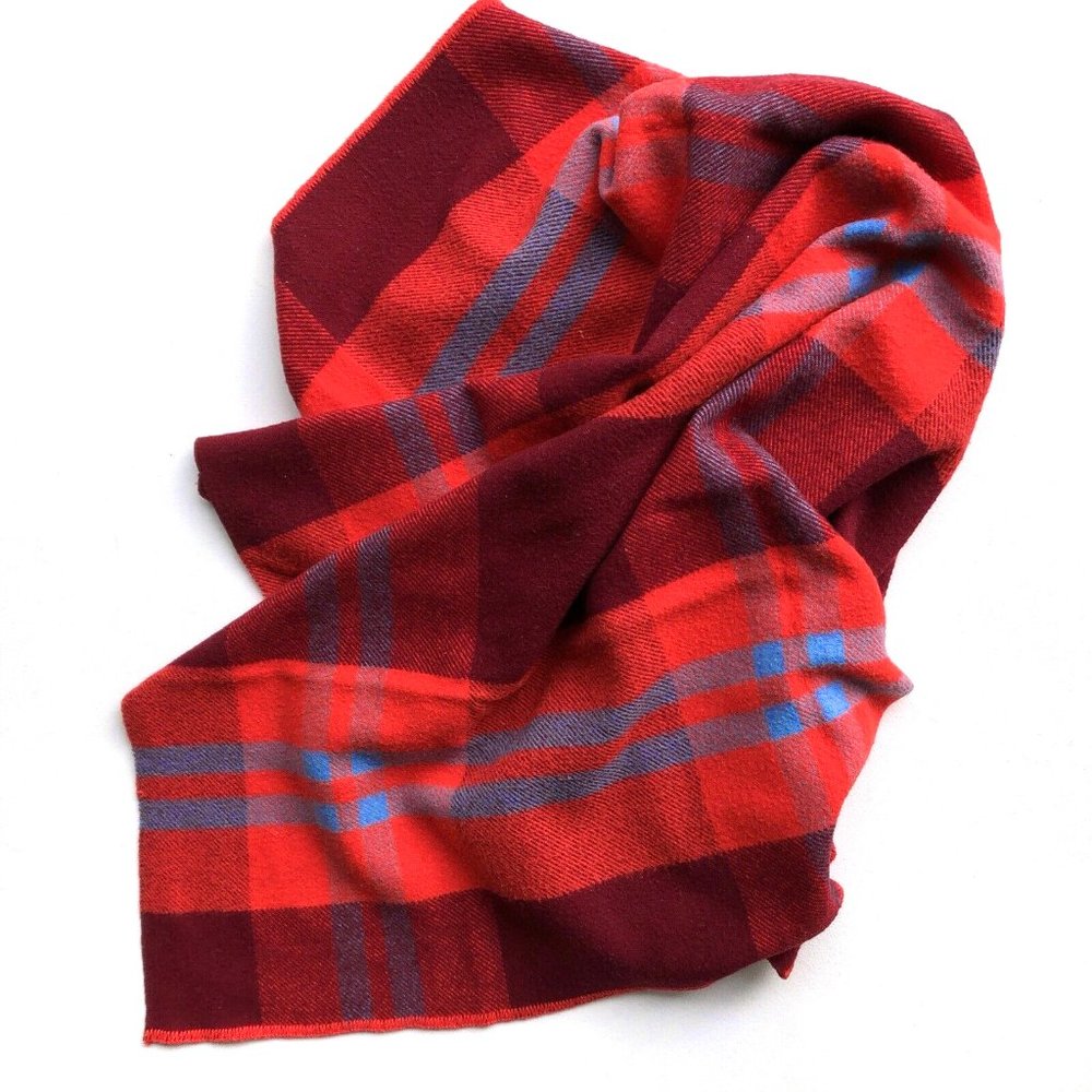 Vintage 100% Wool Red Blue Plaid Picnic Blanket